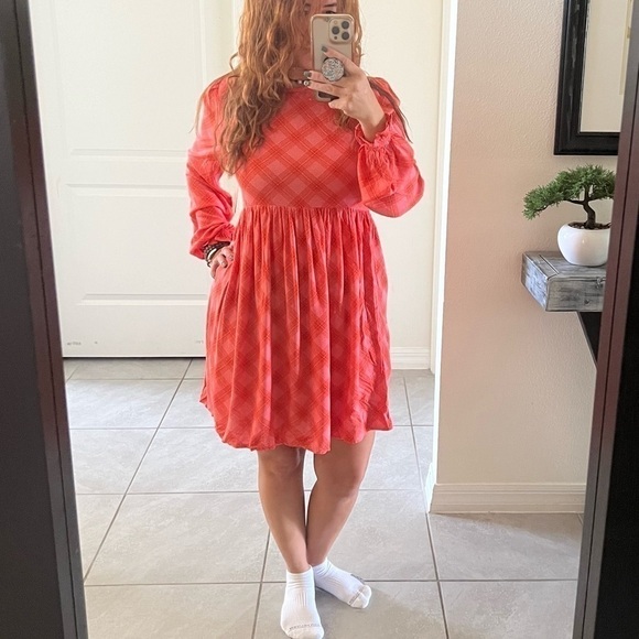 BP Plaid babydoll dress balloon sleeves long sleeves tangerine orange pink NWT - Picture 8 of 11